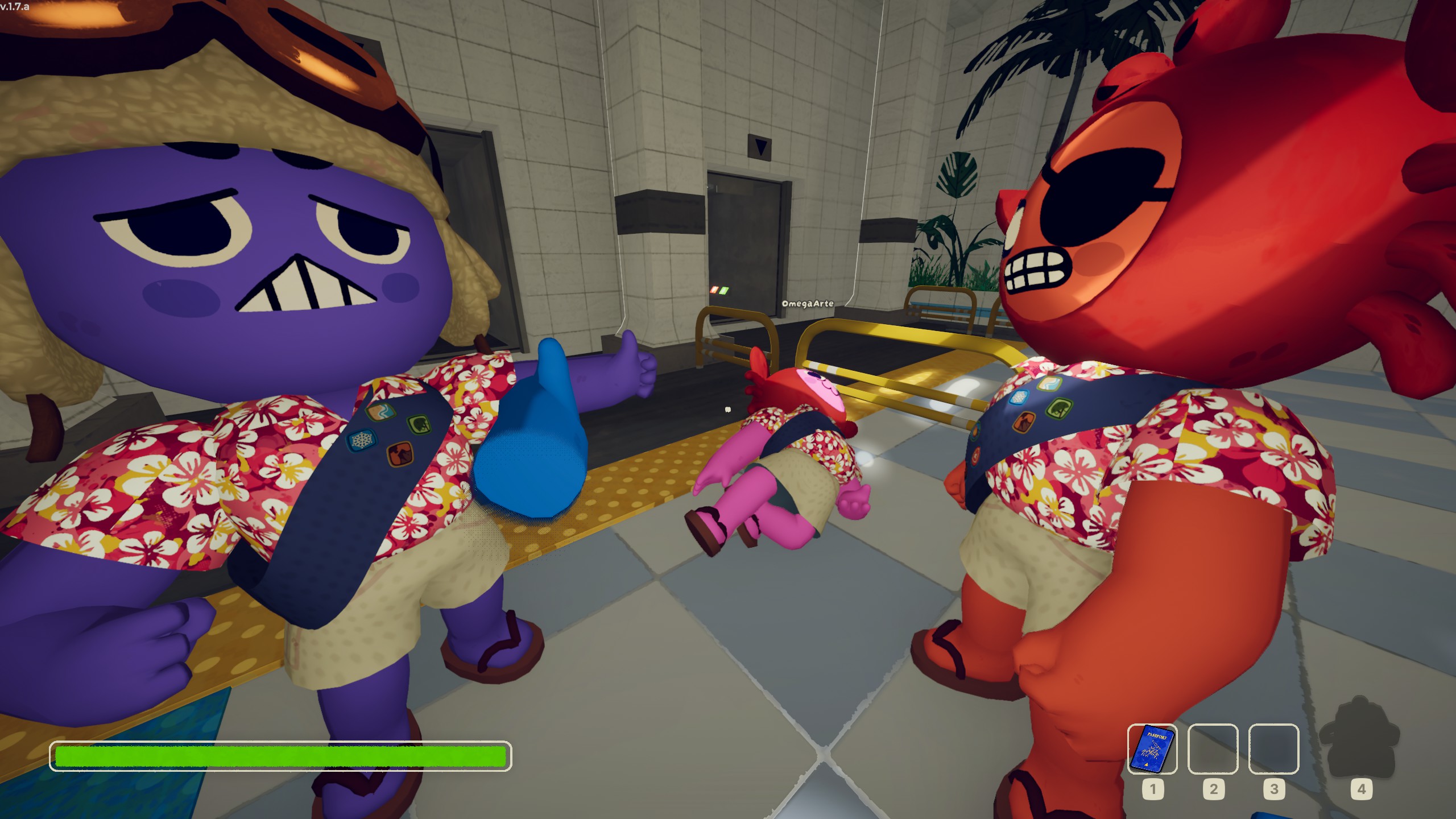 Screencap of me and three of my friends fucking around the main lobby area of the game. We were aiming for a thumbs-up pose but whiffed it a few times.