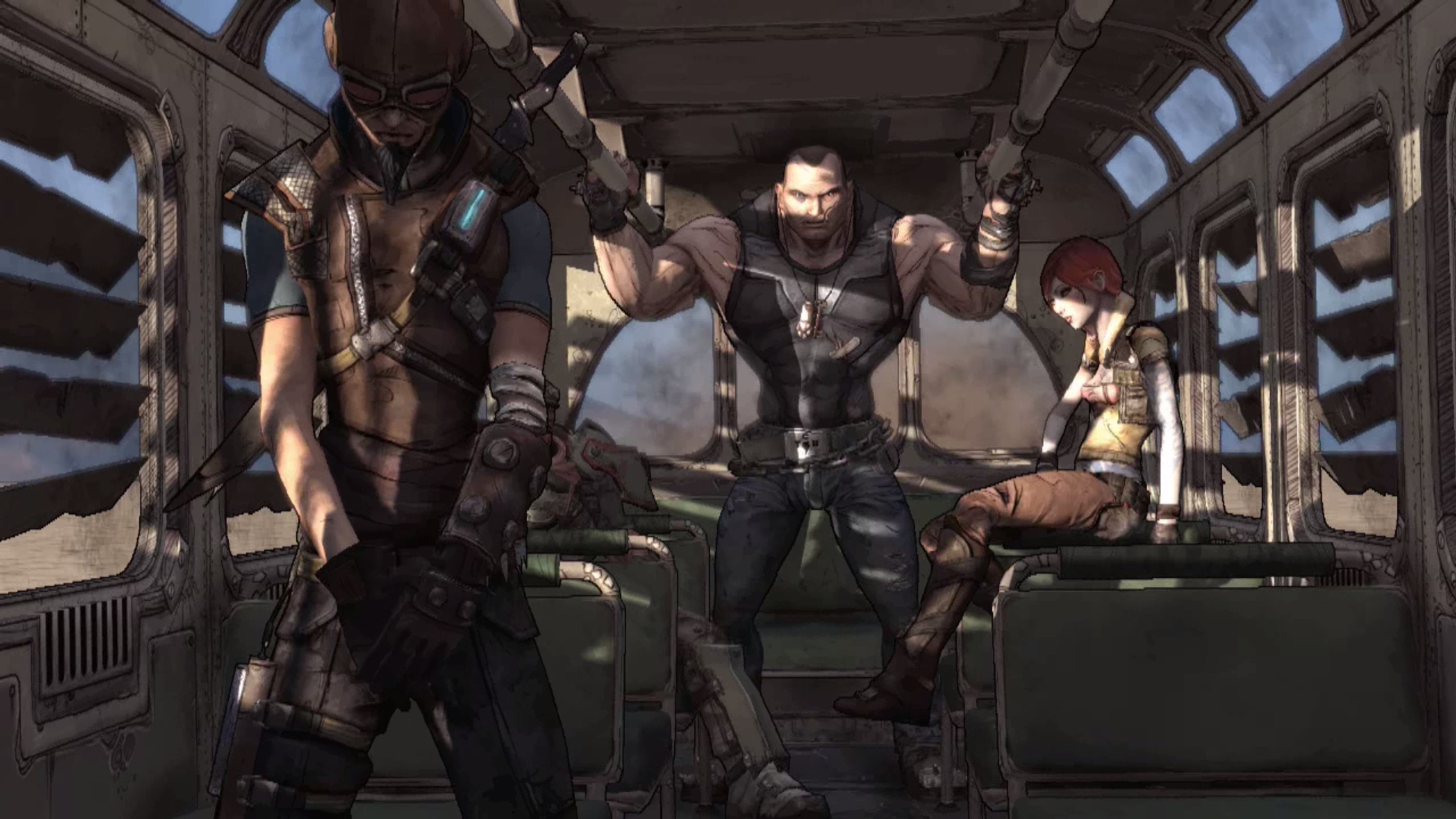 The four characters at the end of the bus. From left to right, they are Mordecai, Roland (tucked behind), Brick, and Lilith.
