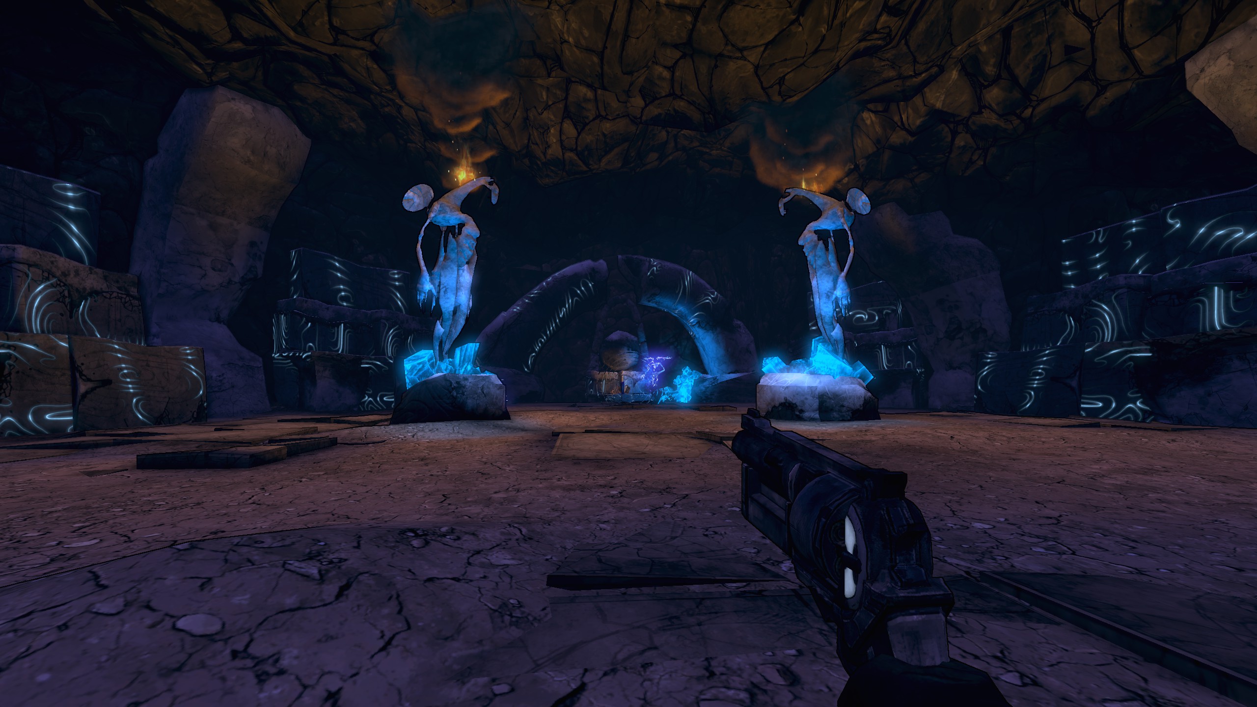 One of the optional locations you can visit while doing sidequests, statues of the Eridians turned to face each other while hues of blues and oranges dress the lighting.