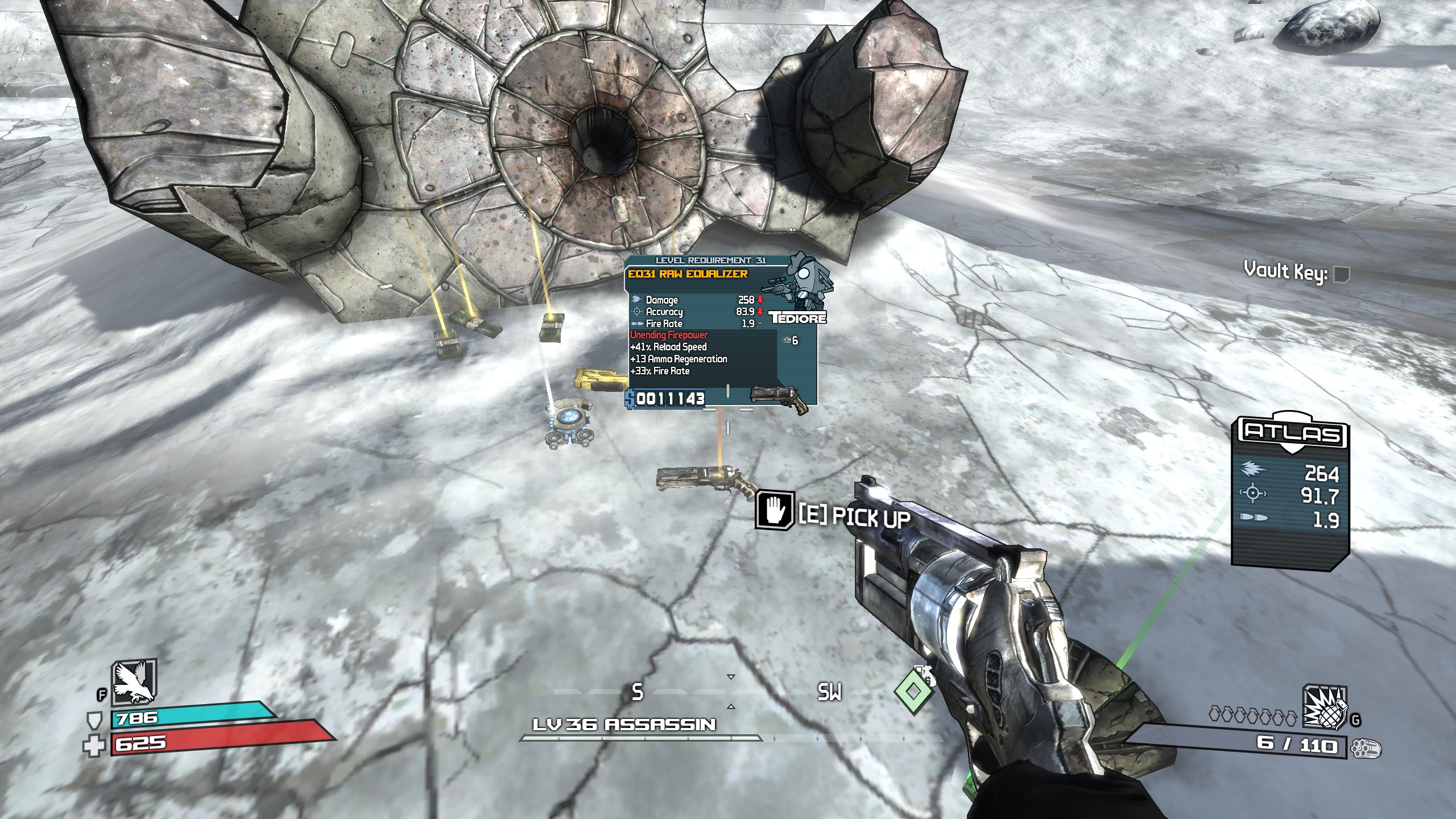 A Revolver drop that can happen when you kill the final boss of the base campaign. Despite being on the higher end of the rarity level, its stats and overall specialty are still worse than the Revolver I currently have equipped.