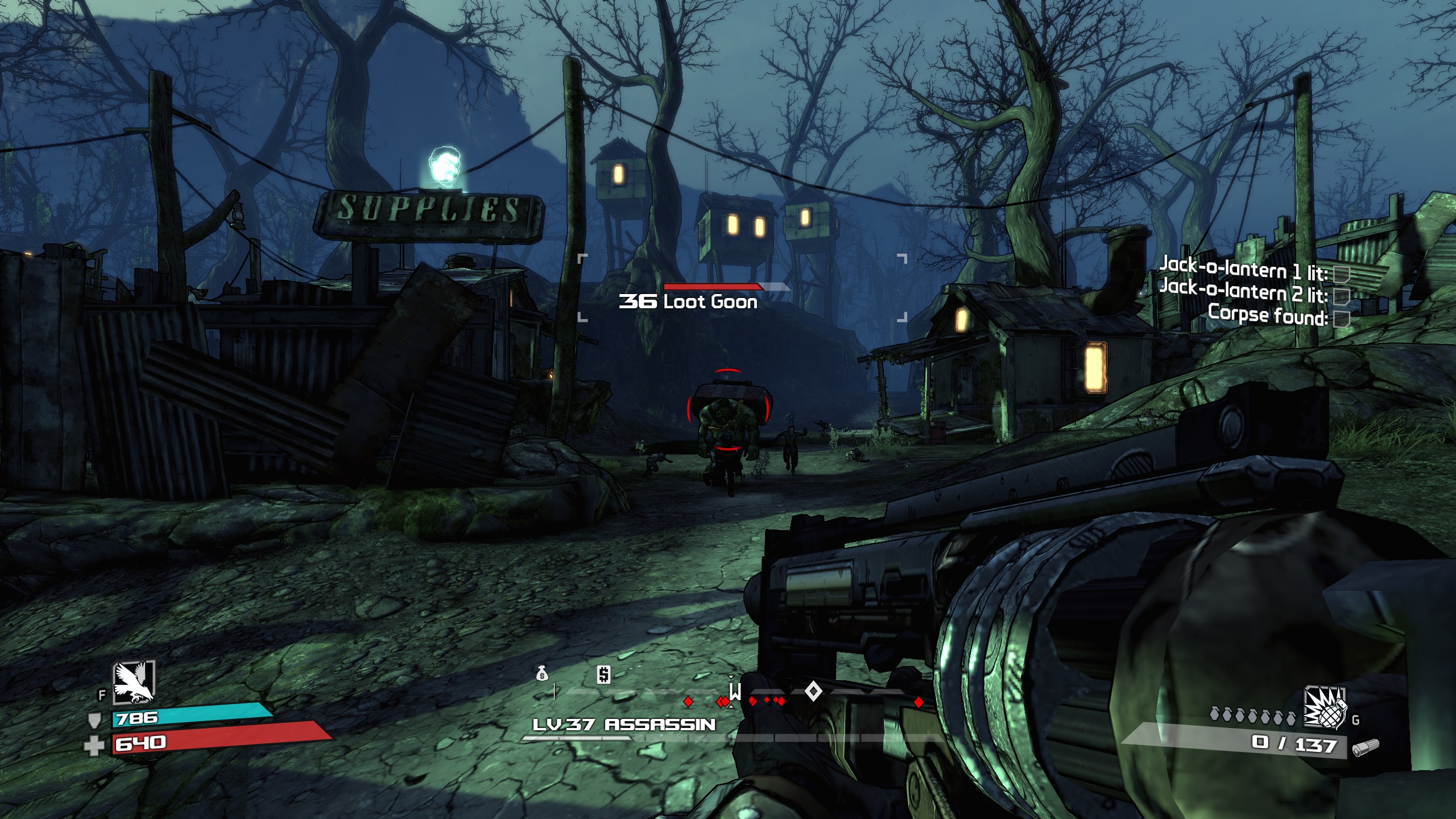 A dilapidated, ruined village in the Zombie Island DLC, overrunning with zombies of different types. In the midst of the screencap is me reloading my shotgun.