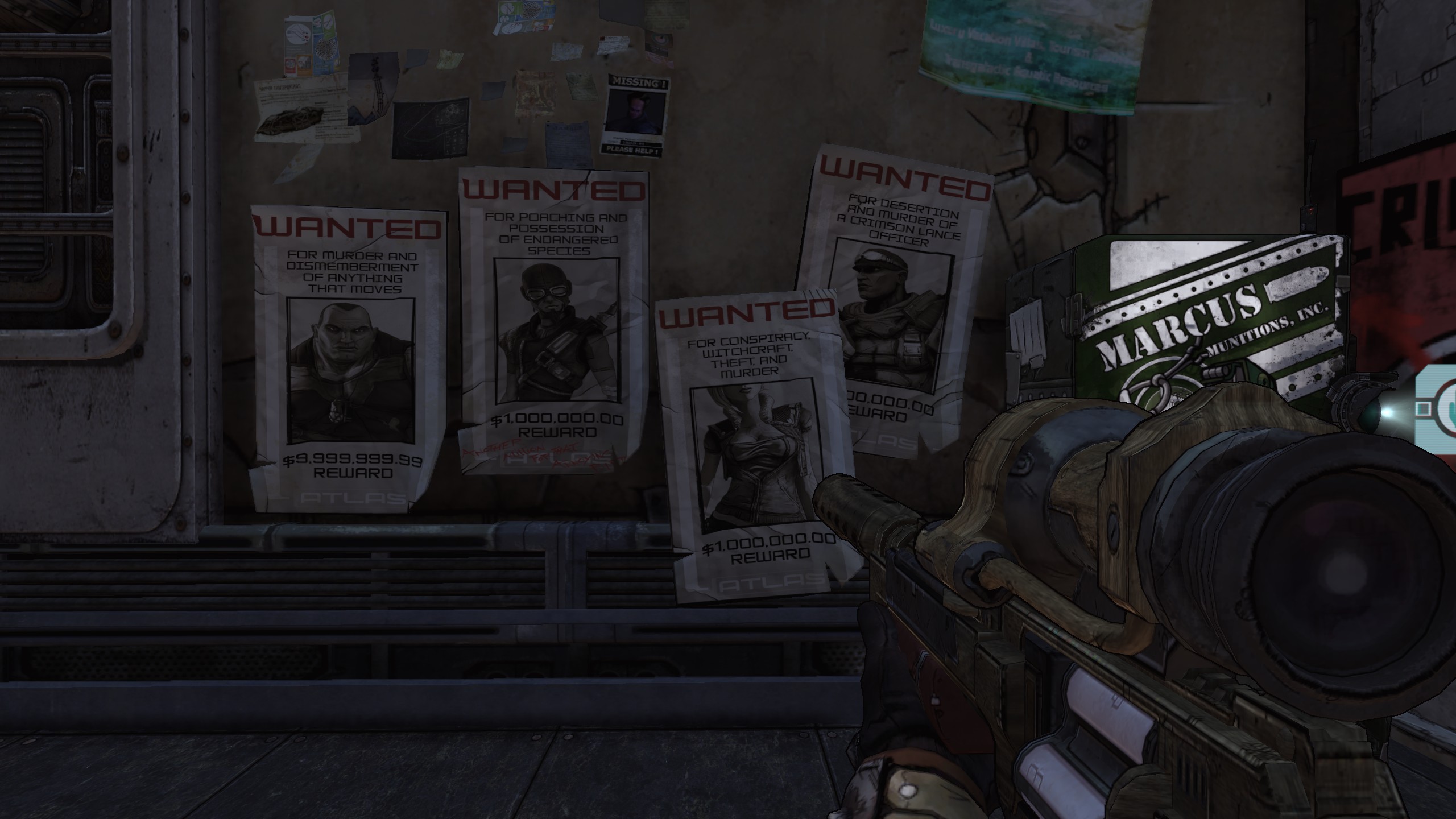 My screenshot of the main hub in the General Knoxx DLC. It shows of the wanted posters of Brick, Mordecai, Lilith, and Roland in that order.