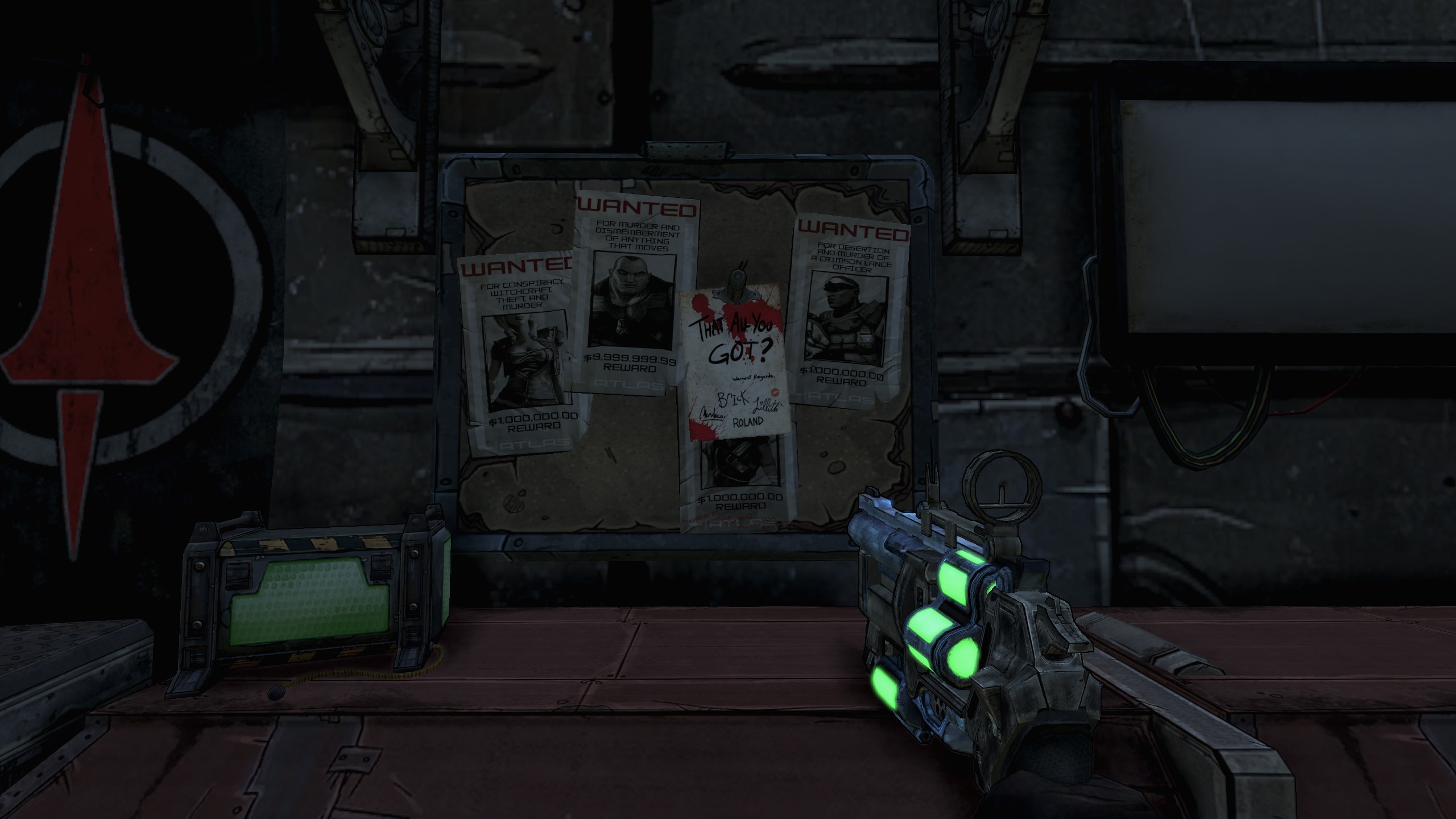 My screenshot of the main hub in the General Knoxx DLC. It shows of the wanted posters of Brick, Mordecai, Lilith, and Roland in that order. Mordecai's poster is half-covered by a parchment signed by the quartet, saying "That all you got?"