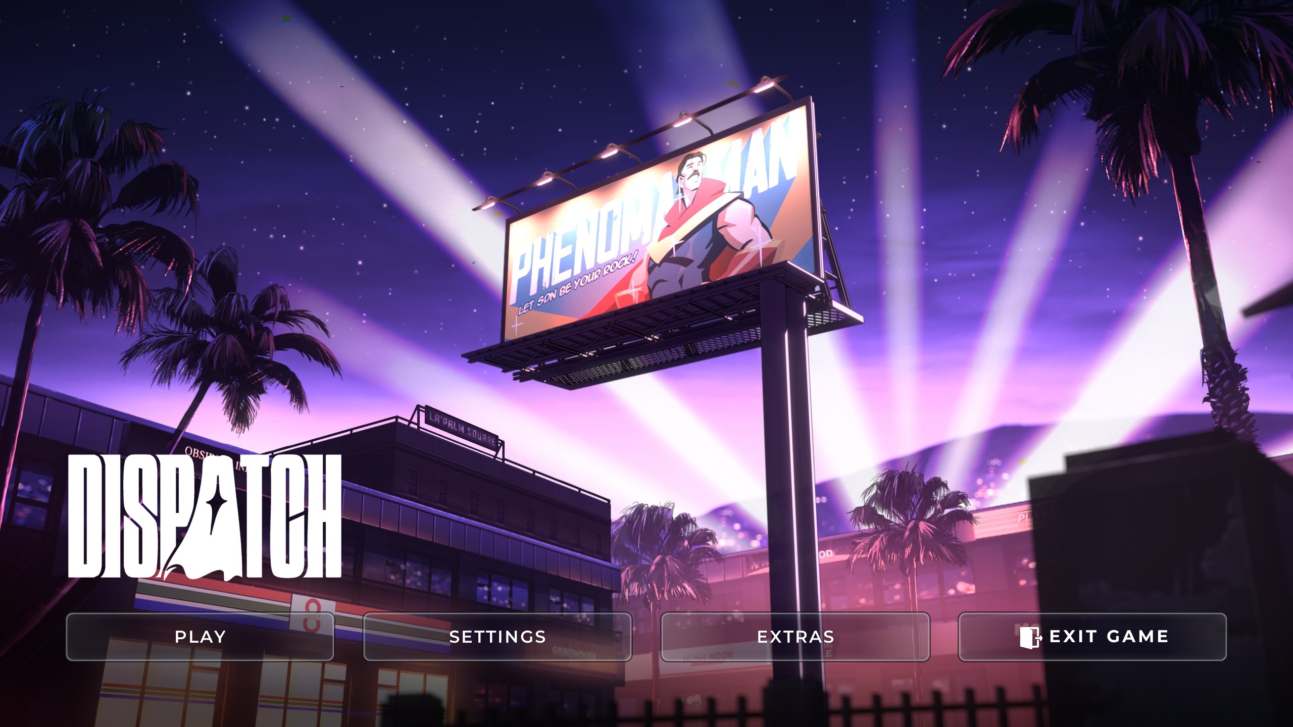 The title screen of Dispatch, featuring a billboard advertising a superhero named Phenomaman as lights from behind covered the dusked, purple sky. This is what the game immediately greets you upon first boot up.