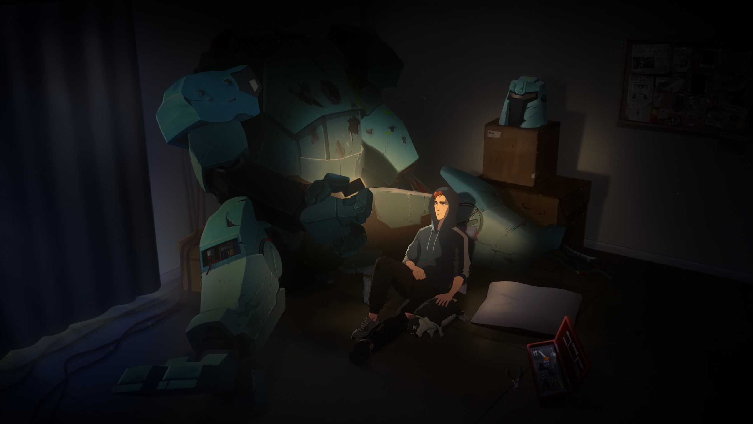 The ending shot of Episode 1, where Robert Robertson's petting his dog while laying against the broken down suit of Mecha Man. He's in the middle of watching something on his phone.