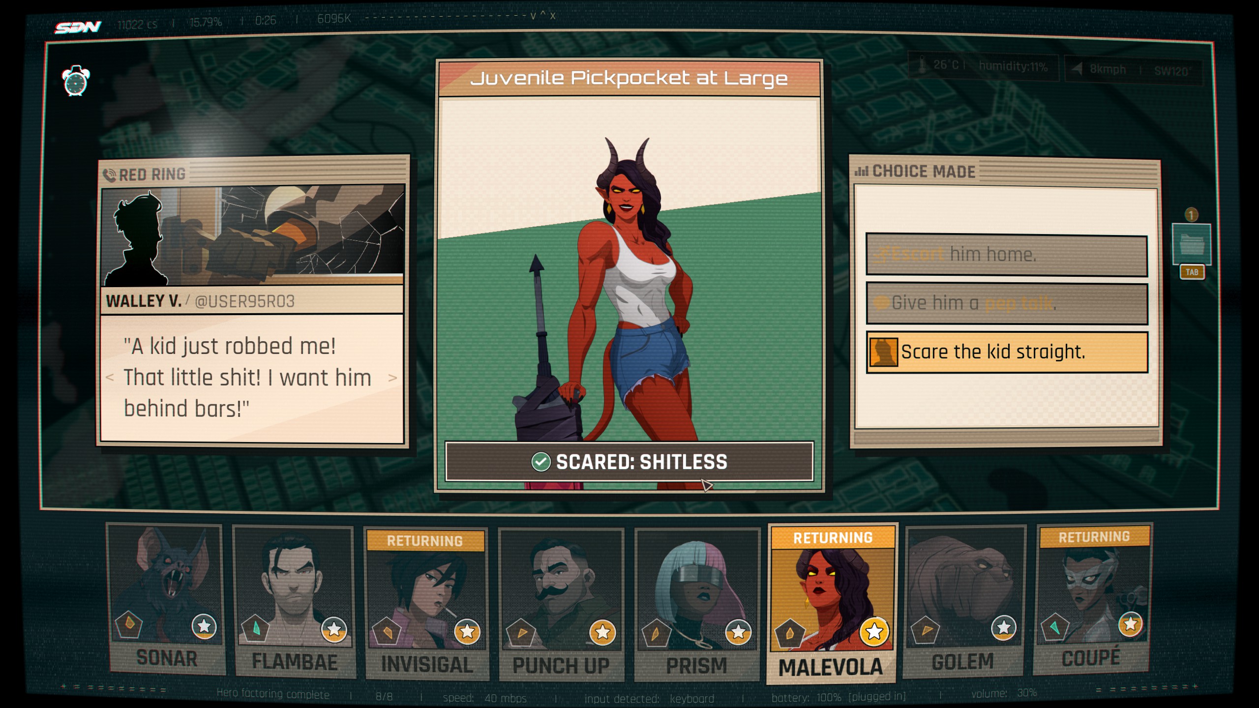 Results screen of Malevola's successful job completion. The text "Scared: Shitless" relates to her unique choice option being selected, since she's the only character that can actually do this act, forgoing the always available Mobility and Charisma options.