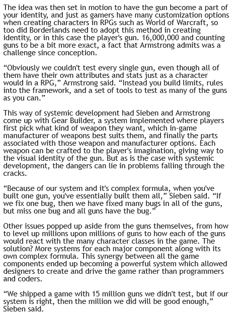 A screenshot recapping a ScreenBurn event from that year's SXSW event. It's summarizing the discussions Borderlands devs Matthew Armstrong and Jimmy Sieben have shared there.