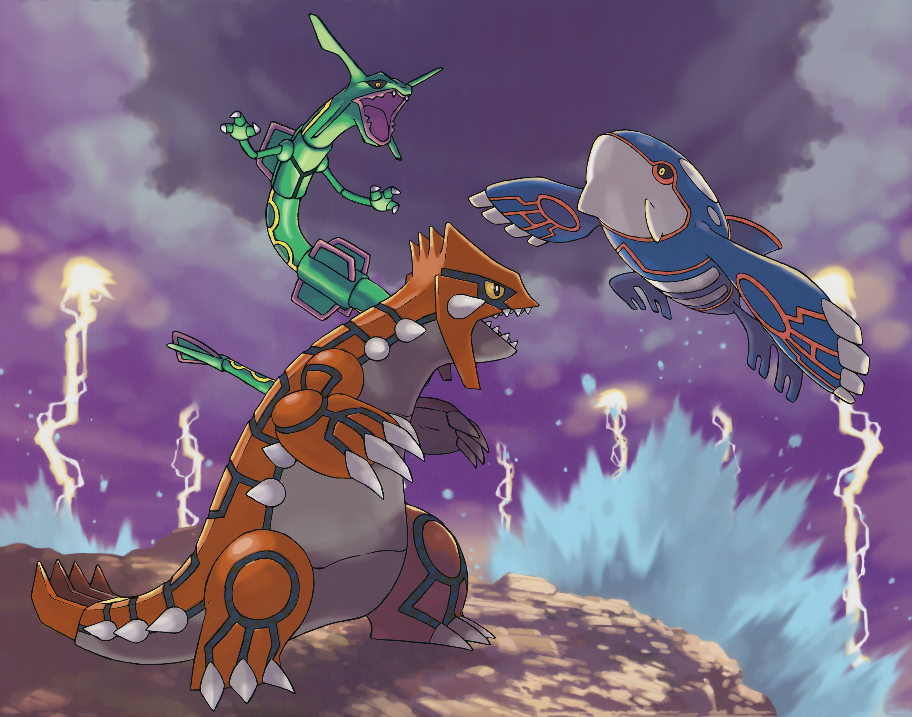 Art of Super-Ancient Legendaries Groundon, Kyogre, and Rayquaza in a fierce battle