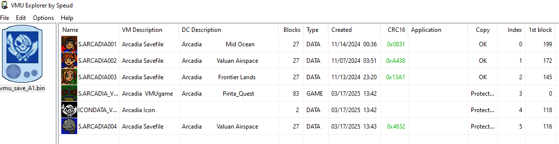 VMU Explorer of vmu_save_A1.bin